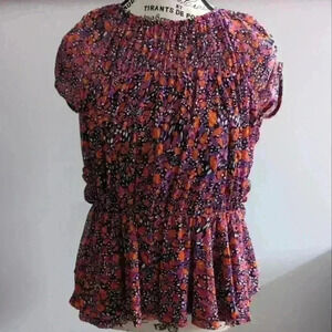 NINE WEST  | Women's Multicolor Round Neck Short Sleeved Ruffled Blouse
